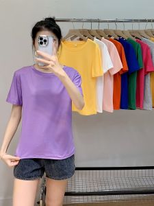 Spring Summer New plus Size Loose Versatile Womens T-Shirt Short Sleeve round Neck Violet Color Fashionable Top for Students