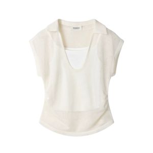 YUEZHONGWEI | เสื้อยืดคอโปโลผ้าไหมน้ำแข็งแขนสั้นผู้หญิงฤดูร้อนหลวมๆ ดีไซน์สองชิ้นสีตัดกัน เสื้อผ้าทำงานสไตล์เกาหลี