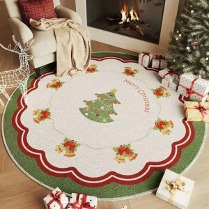VIKAMA Holiday Round Rug Green Plaid Frame Reindeer Christmas Tree Pattern Anti Slip Mat For Entryway Sofa Side Xmas Home Decor