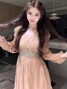 French Elegant Diamond Embedded Long Sleeve V-Neck Dress Womens Summer New Style Short Skirt Slim Fit A-Line Dress