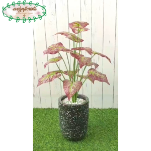 Pohon Hias Pohon Artificial Keladi Ungu X18 Pot Terracota Silinder Bulat Hitam Hiasan Meja Tamu Aesthetic