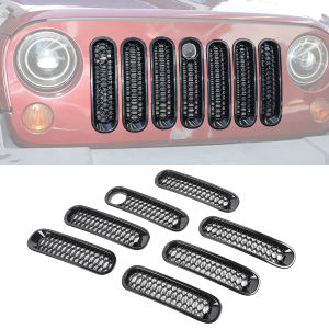 7PCS Front Grill Mesh Frame Grille Inserts Honeycomb Cover Trim Kit Protector for Jeep Wrangler JK 2007-2017 Exterior Accessory
