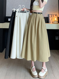 Khaki Pleated Denim Half Skirt Womens Summer New High Waist Hip Conceal Slim Mid-Length A-Line Big Bell Umbrella Skirt