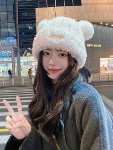 Dễ Thương Gấu Dệt Kim Mũ Bông Nữ Mùa Đông Ấm Áp Lông Xù Mùa Thu Mùa Xuân Kích Thước Đầu Lớn Dệt Kim Mũ Phong Cách Thoải Mái Phụ Kiện Thời Trang Đường Phố