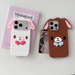 3D Cute Floppy Ear Puppy Silicone Phone Case For iPhone 17 16 15 14 13 Pro Max Kawaii Cartoon Dog Bow Full Wrap Shockproof Soft Cover