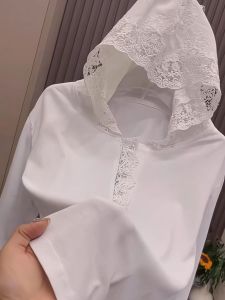 Elegant Long Sleeve Embroidered Lace Hoodie T-Shirt Womens Base Shirt Premium Quality Cotton 100% Daily Wear Slim Fit Style