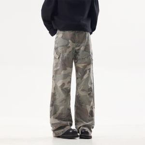American Style Vintage Street Camouflage Mens Loose Straight Leg High Waist Flared Casual Pants Long Trousers Workwear