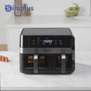 Simplus หม้อทอดไร้น้ำมัน สองช่องคู่ความจุ 10L ขนาดใหญ่พิเศษ หน้าจอ LCD ความคมชัดสูง 11 เมนูตั้งค่าไว้ล่วงหน้า ออกแบบด้วยหน้าต่างใสเพื่อมองเห็นการทำอาหารอย่างละเอียด Air Fryers KQZG020