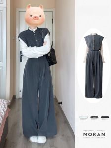 สไตล์เกาหลี ลำลอง ชุดสามชิ้น ผู้หญิง เสื้อสเวตเตอร์ เสื้อกั๊ก ขากว้าง กางเกง พรางหุ่น ลึก ฤดูหนาว ชุดสมบูรณ์ ทันสมัย Ensemble