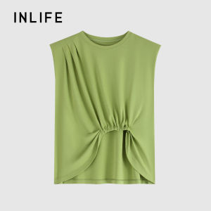 INLIFE | Green Sleeveless Padded Tshirt Summer Loose Irregular Design