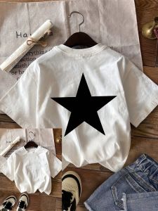 Womens Casual T-Shirt with Black Star Print White Round Neck and Sleeve Top for Summer Sleeved Harajuku Streetwear Tops Tees