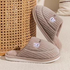 New 2025 Mens Indoor Linen Anti-slip Winter Cotton Slippers Womens Covered Head Half Slippers Simple Style Embroidered Wing Love