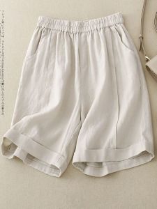 High Waist Wide Leg Cotton Linen Shorts Womens Loose Fit Slimming Thin Casual Cuffed Artistic Retro Five-Point Hot Pants