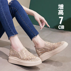 Womens Lace-Up Breathable Mesh Slip-On Loafers Korean Style High Heel Glue-Welding Shoe Upgraded Version of Small Size
