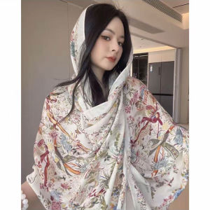 Summer Thin Silk Scarf Womens Multi-Functional Beachside Travel Air Conditioned Room Scarf Korean Style Cotton Geometric Pattern
