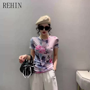 REHIN European-style summer fashion mesh printed short-sleeved round-neck T-shirt slim-fit S-3XL trendy top with positioning flower pattern