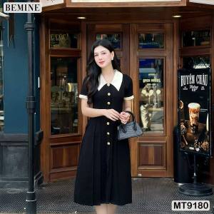 Đầm thiết kế cổ sen phối cúc xẻ trước dáng xếp ly BEMINE MT9180