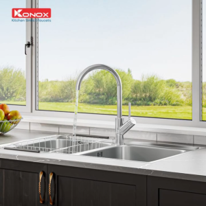 Vòi rửa bát Konox KN1206 mạ PVD Chrome 5 lớp 2 đường nóng lạnh xoay 360 độ chính hãng