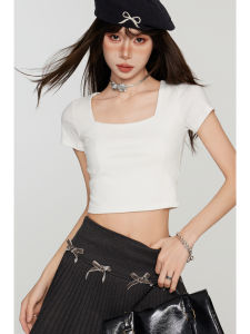 Áo Thun Nữ Tay Ngắn Cổ Vuông Màu Đen Cỡ Nhỏ Mùa Hè Ôm Vừa Vặn Gợi Cảm Ngắn Cạp Cao evPgb 051303