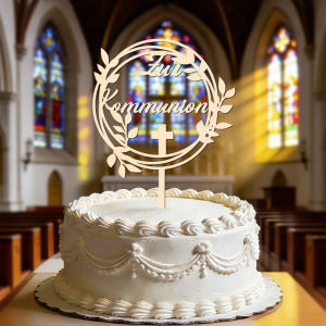YOMDID Zur Kommunion Cake Topper First Holy Communion Cake Topper Wooden Hollow Wreath with Leaves Cross Design Cake Decoration