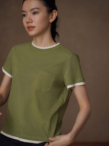 hacikis | Contrast Color Linen Cotton Blend Round Neck Slim Fitting Short Sleeve T-Shirt