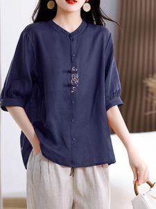 เสื้อเชิ้ตผ้าลินินคอตตอนผสมไหมพรมแขนสั้นผู้หญิงฤดูร้อนปี 2025 ทรงหลวม สไตล์จีนใหม่ เสื้อเชิ้ตลดอายุ เสื้อเชิ้ตแฟชั่น