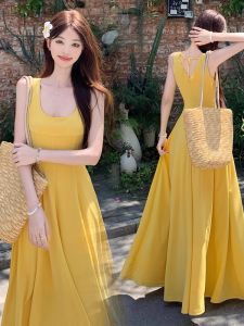 AIYITI | French Tea Break Square Collar Strapless Dress Women Summer Plus Size Vacation Style Waist Cinched Vest Yellow Long Dress