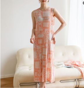 Miyake Pleated Dress French Pastoral Fresh Style Printed Sleeveless Dress #7729P (no Jacket)