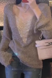 YUEZHONGWEI | French V-neck Sparkling Patchwork Sweater