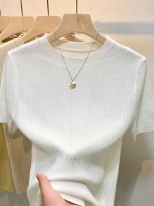 Slim Fit Summer Short Sleeve Knit Top Round Neck