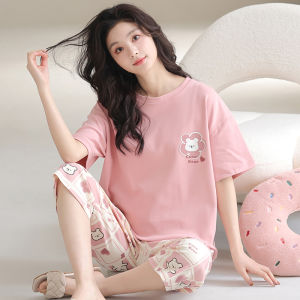 miiow | Pure Cotton Short Sleeve Sleepwear Set For Women Summer New Style Comfortable Home Clothes Large Size Seven-Foot Pants