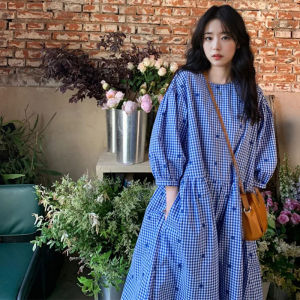 plus Size Blue Plaid Dress Loose Fit Ageless Style Long Sleeve Seven Points Slimming Dress for plus Size Women Autumn Wear
