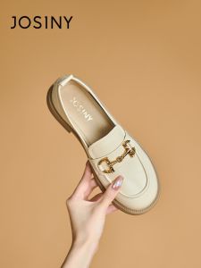 รองเท้าส้นแบนหัวมนสีขาวสไตล์อังกฤษสำหรับผู้หญิง Josiny รองเท้าลำลองฤดูใบไม้ผลิ 2025 รองเท้าหนังหัวมนแบบสวมสบาย