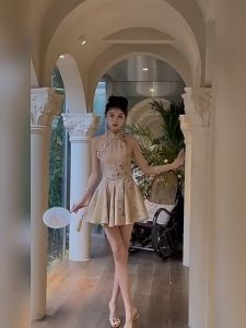daidai (Ready Stock) Women Cheongsam Sleeveless Dress CNY Chinese New Year 新中式公主挂脖改良旗袍女春夏高级感纯欲气质收腰礼服蓬蓬连衣裙