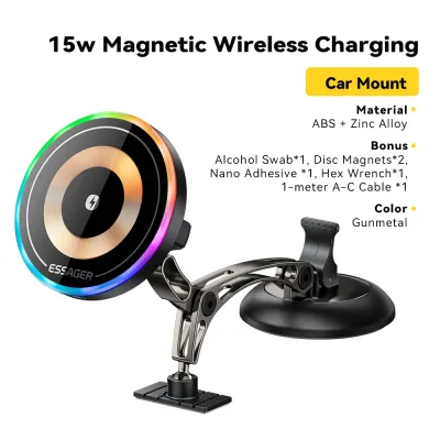 Essager 15W Wireless Charger Car Phone Holder 360° Rotation Stand Mount for iPhone 17/16/15 Pro Max Samsung Xiaomi - Magnetic