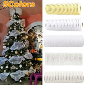26cm 10 Yards Gold Sliver Christmas Flower Wreath Mesh DIY Xmas Tree Ribbon Decoration Wrapping Ribbon Wedding Christmas Gift