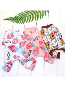 Pink Strawberry Dog Clothes Pure Cotton Four-Legged Pet Apparel Thin Autumn Spring Summer Home Wear for Small Dogs