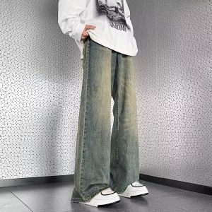 High Street Fashion Mens Wide Leg Jeans American Retro Mud Dyeing Old Style Loose Fit Long Pants Straight Cut Daily Wear