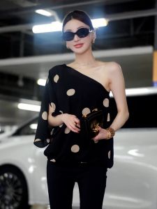 Stylish Unique Polka Dot Asymmetrical Shoulder Shirt for Autumn Winter Elegant Design Wide Fit Ladies Fashion French Style