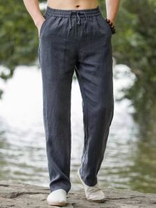 Mens Summer Casual Loose Straight Leg Cotton Linen Pants Thin Draping Long Trousers Breathable Comfortable Straight Cut Jeans