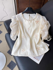 PAIBOLI | Elegant French Floral Embroidery Pearl Collar Bubble Sleeve Shirt Patchwork Design Summer New Arrival Casual Comfortable Top