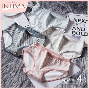 INTIMA Panties for Women Sale: 4pcs Comfort Cotton Underwear Mid-waist Stripe Briefs Cotton Crotch Antibacterial Cute Girls Underpants