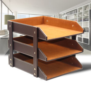 กล่องจัดระเบียบหนัง A4 ชั้นวางเอกสารแบบสามชั้นสำหรับโต๊ะทำงานสำนักงาน กล่องจัดระเบียบเอกสารแบบวางตะแคง