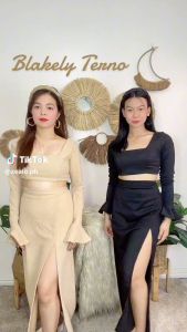 ZEALO Blakely Square Neck Bell Long Sleeves Crop Top and Slit Maxi Skirt Crinkle Set Terno