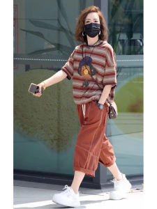 Spring 2025 New Fashion Loose round Neck T-Shirt Womens High Waist Casual Pants Two-Piece Set Casual Wear Cotton Blend