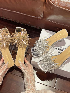 DIANCHA | French Style Tassel and Rhinestones Transparent Thick Heel Flip Flops