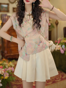 Shalldoer | Summer Beautiful Butterfly Print Sleeveless Shirt A-Line Pleated Short Skirt Two-Piece Set Womens Fashion New Chinese Style