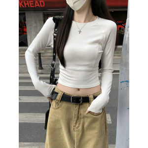Slim Fit Long Sleeve Fishbone Pattern Base Shirt T-Shirt Womens Autumn Korean Style Versatile Slimming Top round Neck