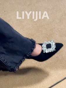 French Rhinestone High Heels 2025 New Advanced Black Velvet Surface Professional Work Shoes Thin Heel Not Tired Foot Single Shoe