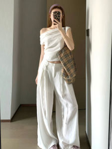 YUEZHONGWEI | White Irregular Shoulder Short Sleeve Womens T-shirt Summer Slim Fit Mini-length Top Korean Style Commute Fashion Pure Color